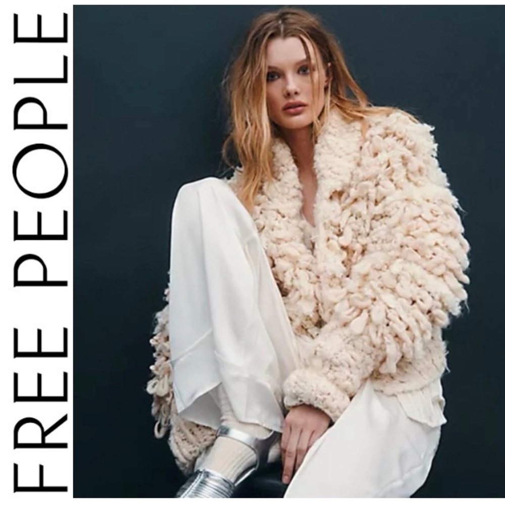 NWT Free People Curly Que Knit Loopy Shaggy Cardigan Jacket Cream Ivory X Small